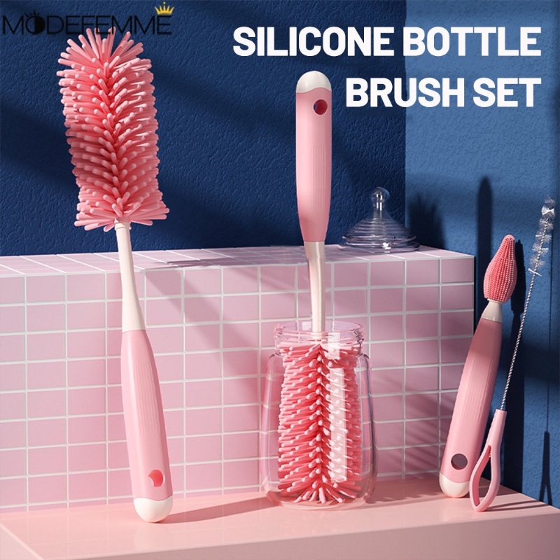 3pcs/set Gagang Panjang Nipple Cup Cleaning Set Food Grade Nipple Dropper Brushes Sikat Pembersih Rotasi 360derajat Sikat Botol Bayi Baru Lahir Silikon Dot Cup Brush