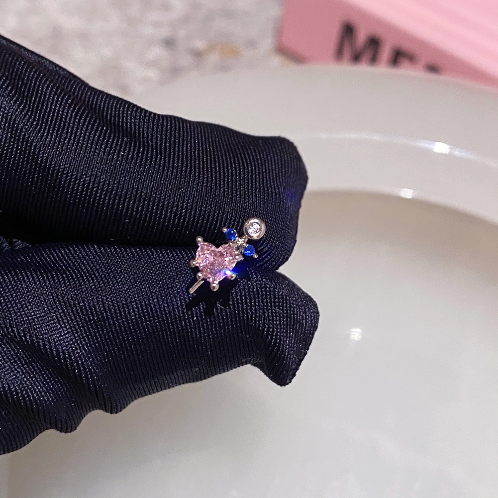 S925 Anting Perak Merah Muda Zirkon Busur Hati Tulang Telinga Stud Wanita Fashion Aksesoris