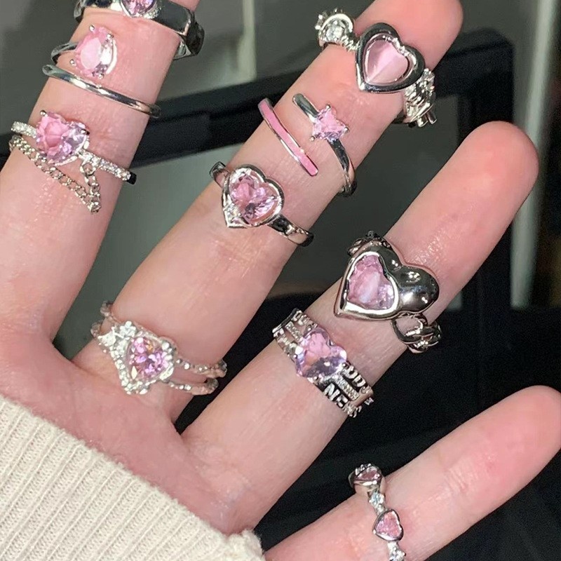 Cincin Zirkon Hati Y2K Kupu Busur Pink Kristal Titanium Pembukaan Rings Untuk Wanita Fashion Perhiasan Aksesoris