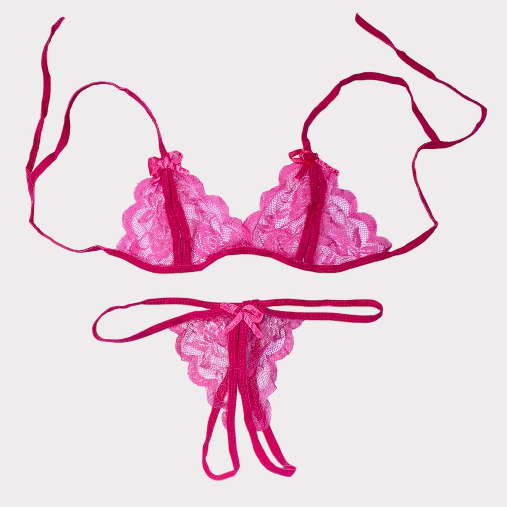 Lingerie Bra Set Renda Bunga Motif Pita Pakaian Dalam Wanita Korea Bahan Lace G-String Transparant Women Bra sexy-HC12776 ROSE