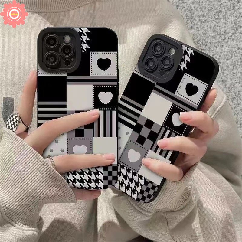 IPHONE Case Belakang Motif Love Heart Houndstooth Papan Catur Kompatibel Untuk Iphone7 8 Plus X XR 11 12 14 13 Pro MAX XS MAX Lembut Shockproof Tekstur Kulit Mewah Love Heart Flower Cover