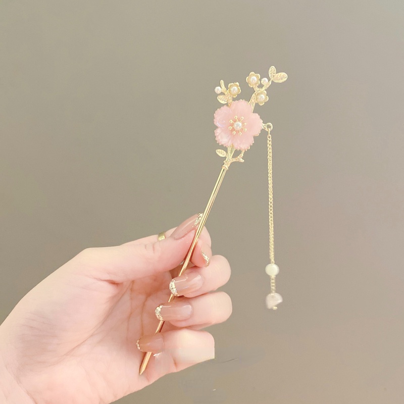 Tradisi Cina Pink Plum Blossom Rumbai Liontin Jepit Rambut Aksesoris Rambut Untuk Wanita Perempuan