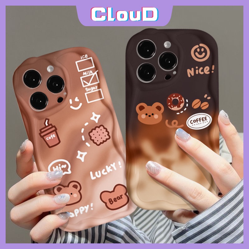 IPHONE Casing Ponsel Cartono Bear Gradient Lucu Kompatibel Untuk Iphone11 13 12 14 Pro Max 6s 6 7 8 Plus XR X 7Plus XS Max SE 2020 Smiley Coffee 3D Wavy Curved Edge Glossy Tpu Soft Cover