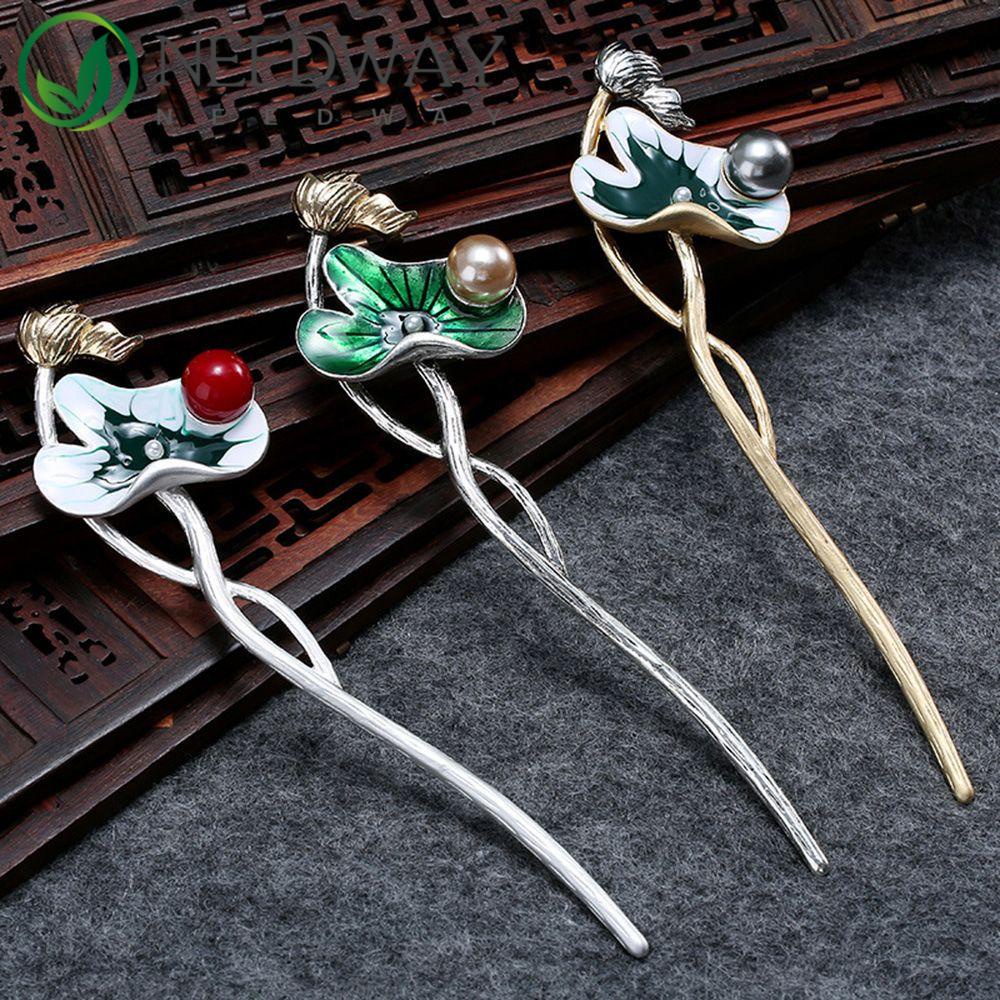 Needway   Tusuk Rambut Daun Teratai Antik Klasik Vintage Harian Pria Wanita Wanita Gaya Cina Women Hair Fork