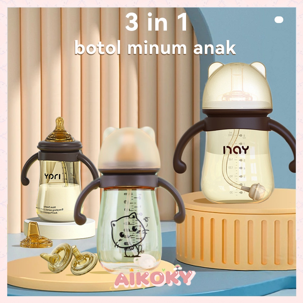 AIKOKY 3 In1 Botol Minum Bayi Sedotan Anti Tumpah Training Cup Baby BPA Free