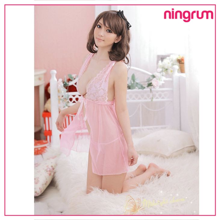 Ningrum Pakaian Dalam Wanita Lingerie Sexy lingerie wanita bahan lace tanpa lengan set gstring - 4015