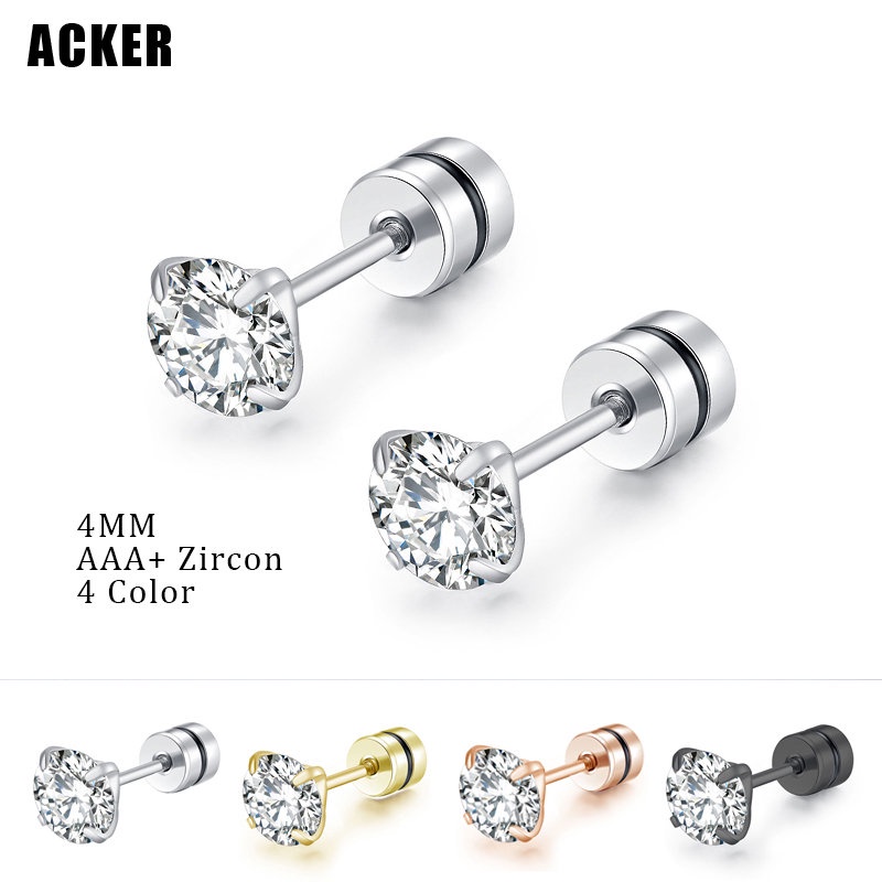 [ACKER] 4mm 1pasang 925silver Titanium Stainless Cubic Zirconia Diamond AAA+ Anting Tusuk Zircon Untuk Wanita/Pria