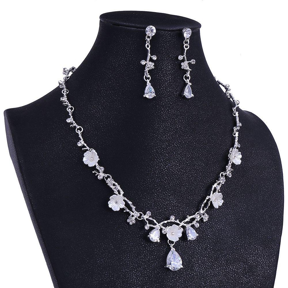 Needway   Set Perhiasan Pernikahan Perak Trendy Daun Emas Kawin Mewah Unik Kalung Kristal Mengkilap