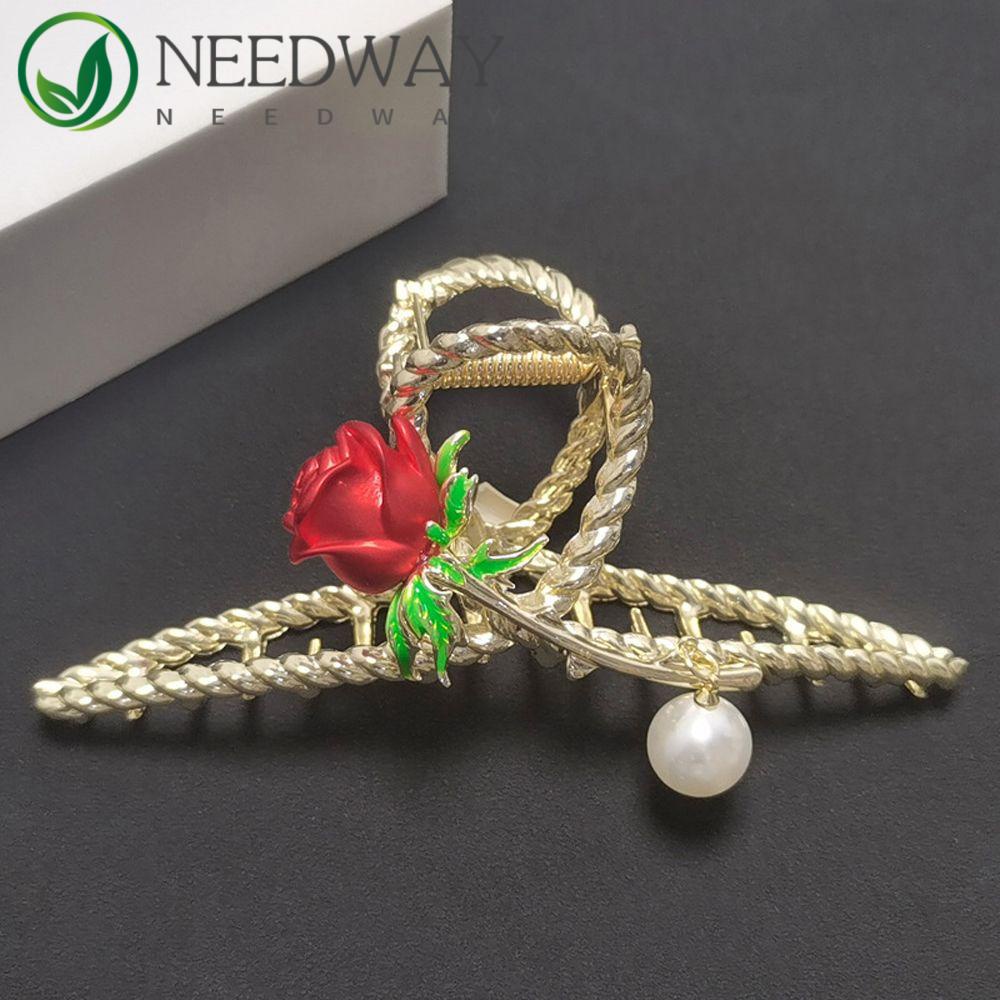 Needway   Perempuan Jepit Rambut Trendi Retro Mutiara Mawar Besar Bagian Belakang Kepala Hair Crab Clip