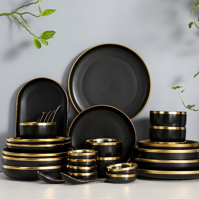 Piring Keramik Set Lengkap Warna Black Gold isi 10 Pcs / Piring Keramik Makan Hitam Set Lengkap / Ma