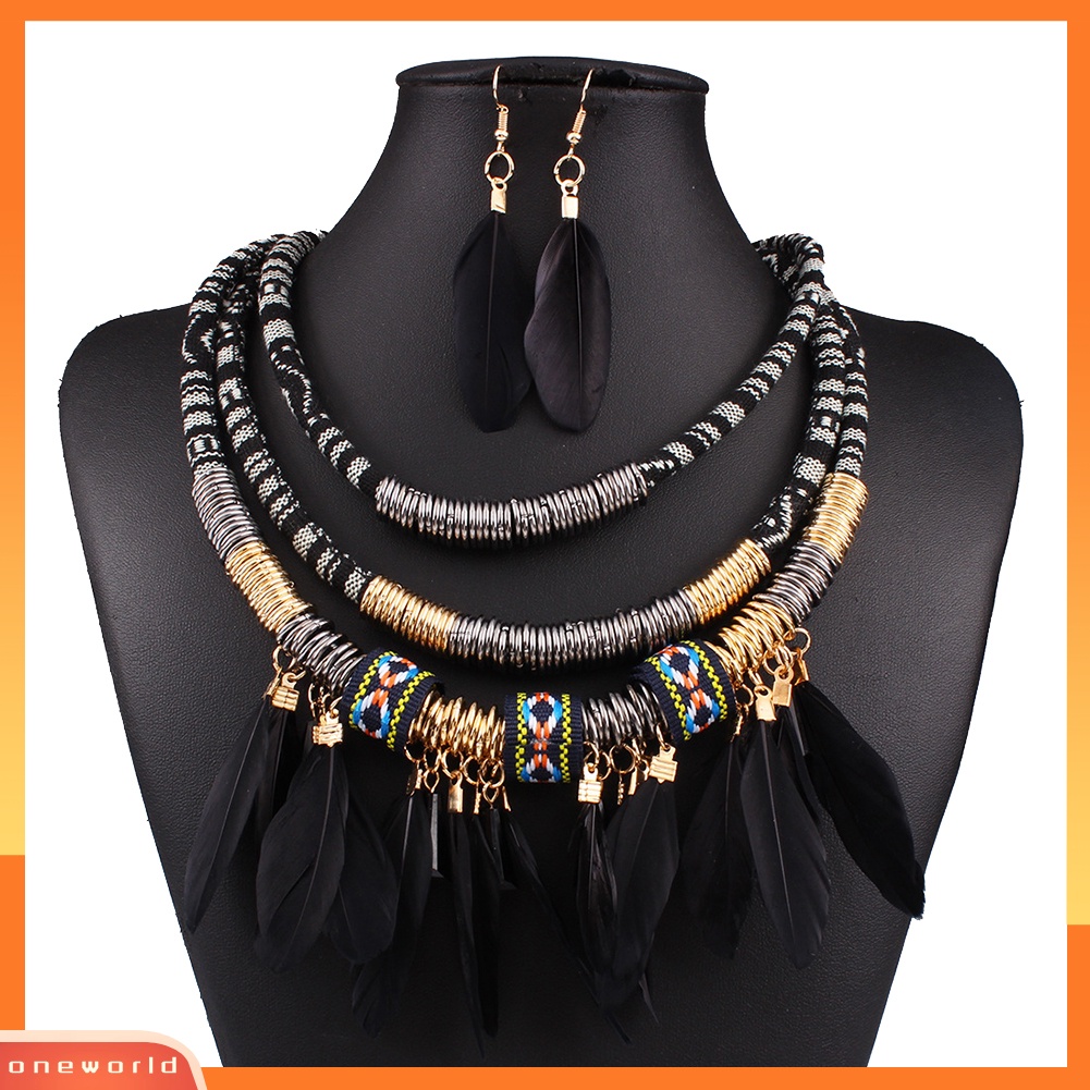 [ONE] 2 Pcs Bulu Rumbai Pesona Multilayer Choker Lady Statement Kalung Anting Set