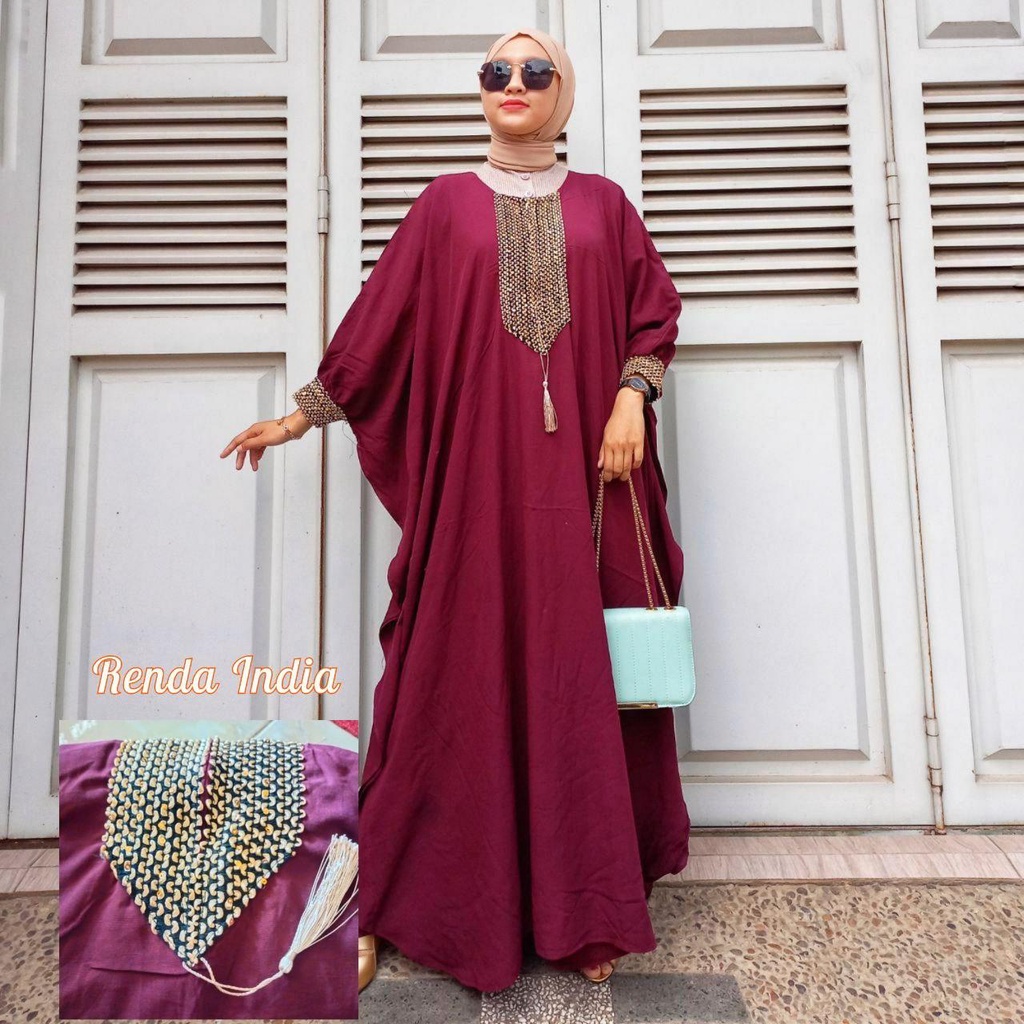 Kaftan Wanita Jumbo Polos Renda India Rayon Premium Gamis Terbaru Bigsize Lengan Karet Baju Muslim K