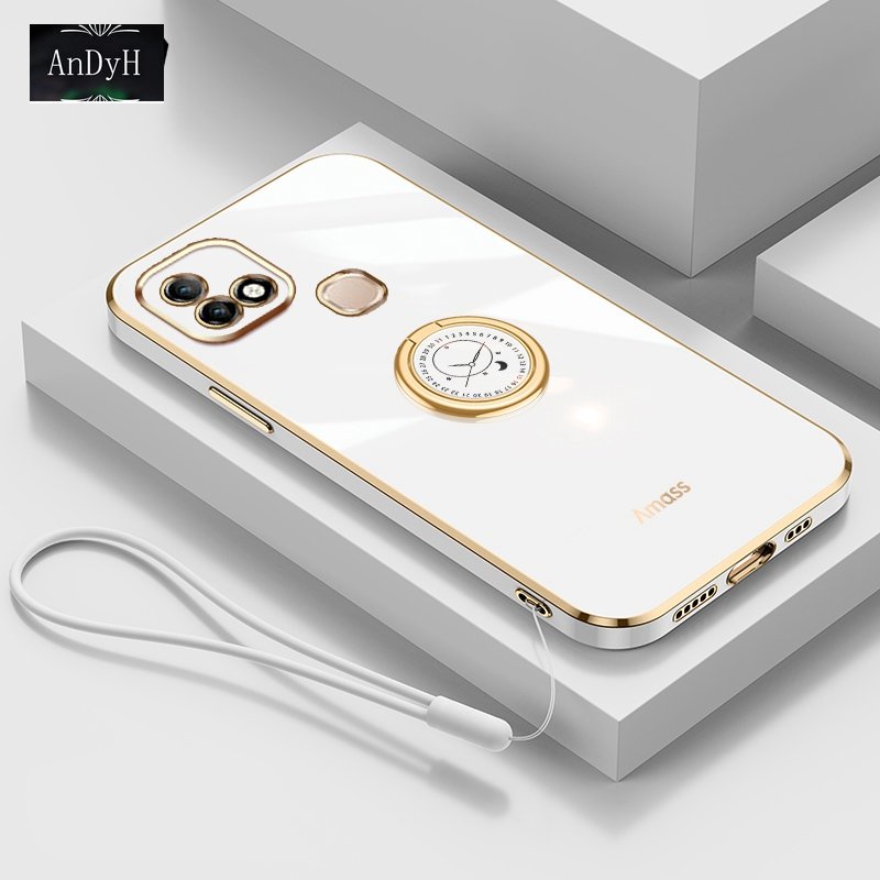 Andyh Casing Ponsel Silikon Ultra Tipis Untuk Infinix Smart 5pro Hot 10i X659B X658E X658B Deluxe Fall Protection Gold Band Dengan Jam Cincin Dan Lanyard Gratis