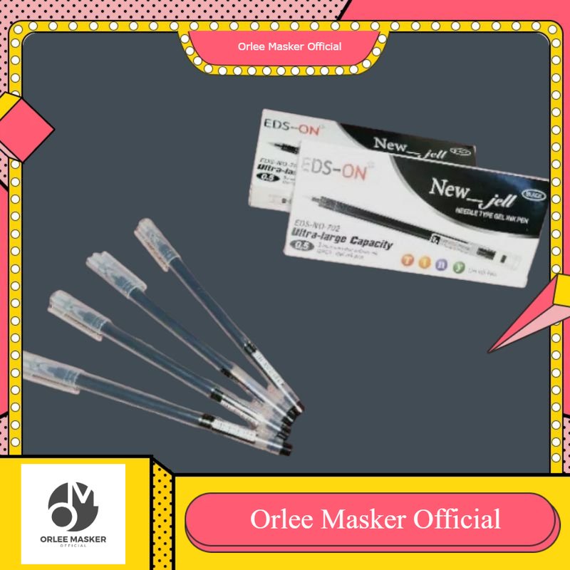 Bolpen New Gel EDS-ON Harga 1 Pak (Isi 12 Pcs) 0,5mm Tinta Hitam, Viral Favorit Sekolah dan Kantoran dan Orlee