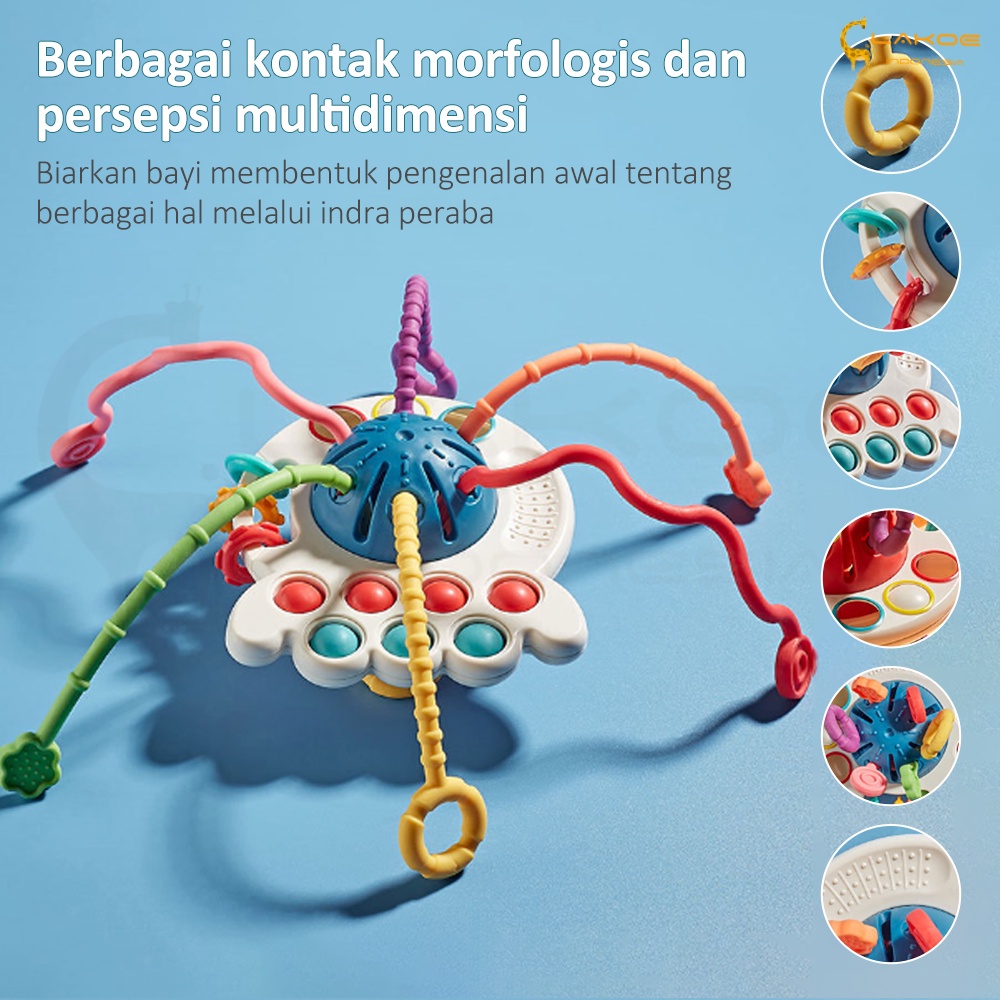 LAKOE Mainan Gigitan Bayi 4 in 1Pop It Teether Bayi Tarik Panjang Mainan Gigitan/Mainan Edukasi Bayi  Bahan Silikon bpa free