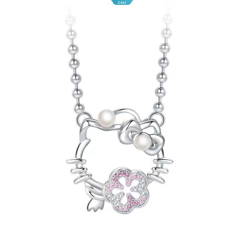 Kawaii Sanrio Hellokittys Baru Segar Dan Indah Merah Muda Flash Kristal Peach Perak Disepuh Perhiasan Bunga Sakura Bunga Wanita Liontin Kalung [ZK]
