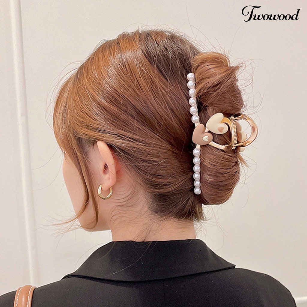 Twowood Frosted Flower Heart Decor Hair Claw Hias Mutiara Imitasi Hiu Rambut Alat Styling Penjepit