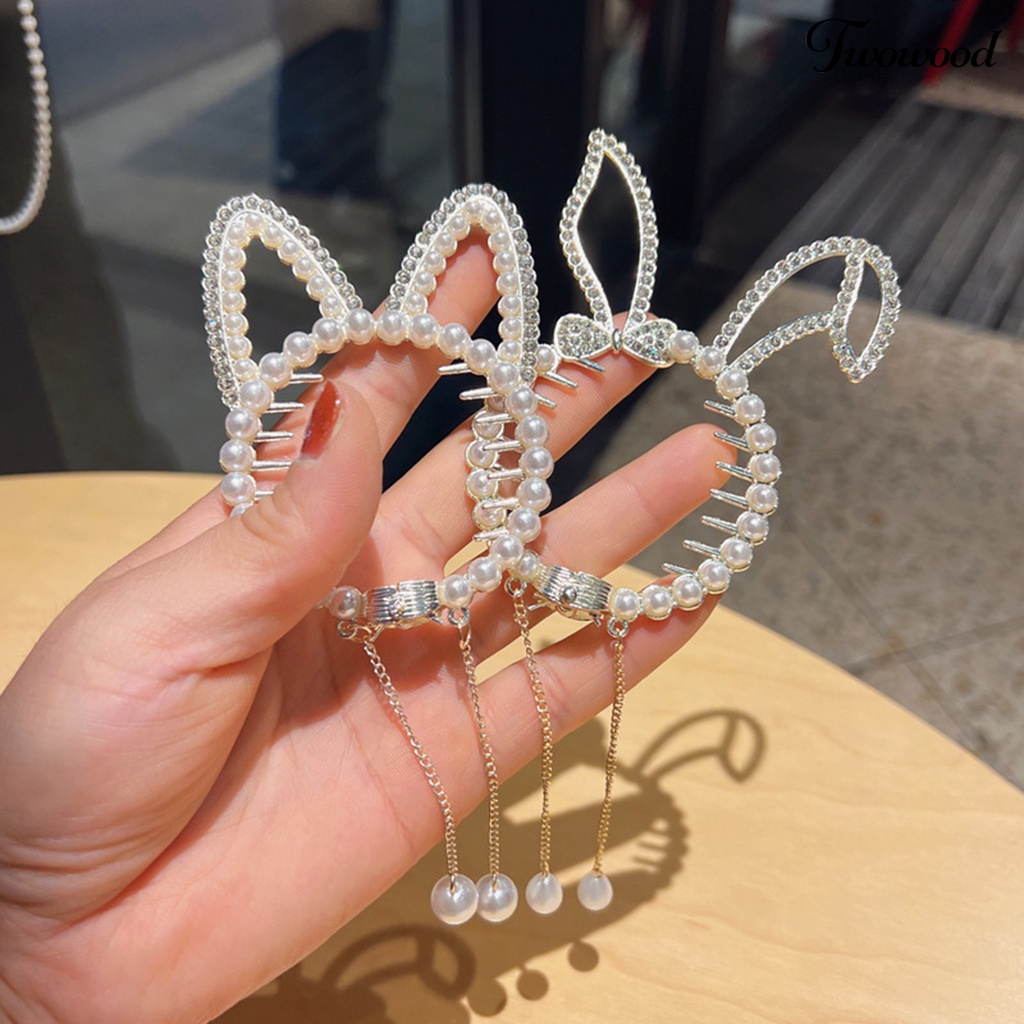 Twowood Shiny Rhinestones Faux Pearls Decor Ponytail Buckle Anti-slip Gigi Gadis Telinga Kucing Dekorasi Rumbai Liontin Rambut Penjepit Aksesoris Rambut