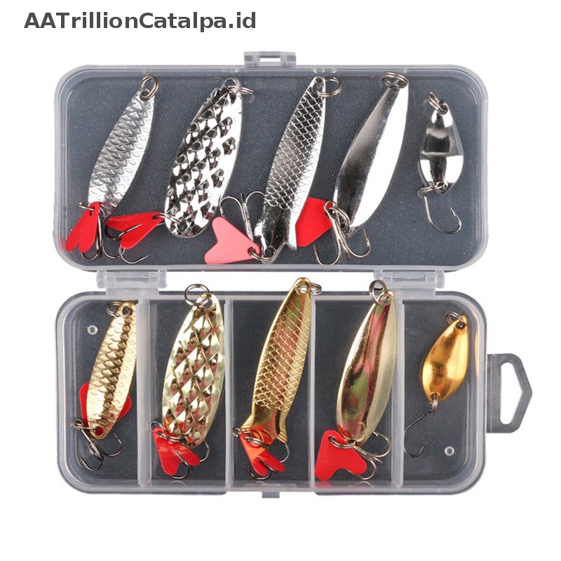 Aatrillioncatalpa 10 Pcs Memancing Logam Sendok Lure Kit Set Emas Perak Umpan Sequin Spinner Lures ID