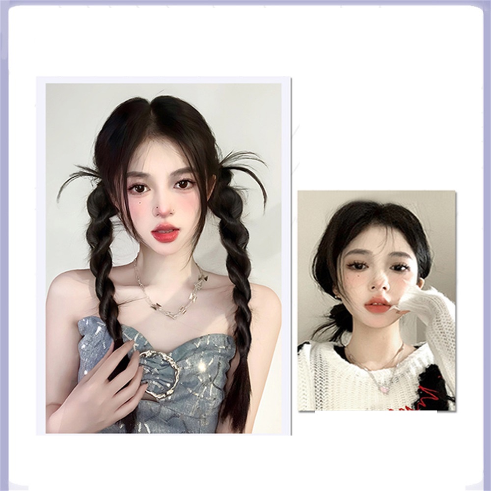 2pcs Y2K Gadis Keren Kepang Double Ponytail Wig Untuk Wanita Ekstensi Rambut 60CM