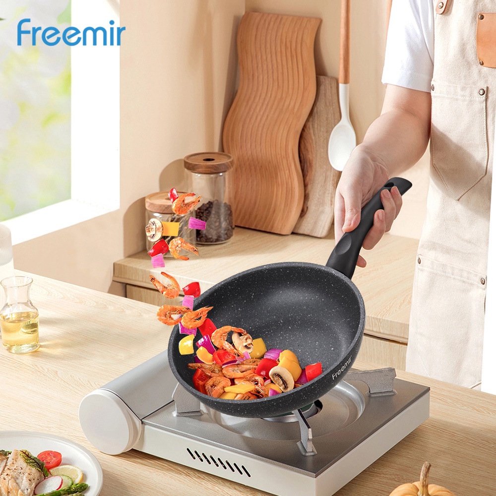 Freemir 20 cm Wajan Penggorengan Anti Lengket  Non Stick Multifungsi Single Bottom Hitam