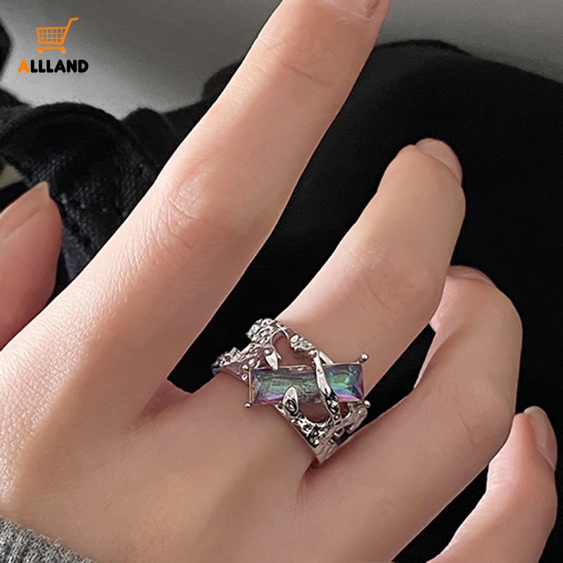 Punk Lava Cair Duri Pembukaan Cincin Yang Dapat Disesuaikan/ Wanita Retro Persegi Kristal Zirkon Jari Cincin/ Goth Berlubang-out Perhiasan Aksesoris