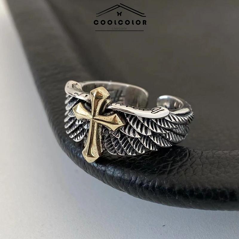 COD❤️Cincin Pria Vintage Wings Cross Grafiti Surat Terbuka Cincin Pribadi- cl