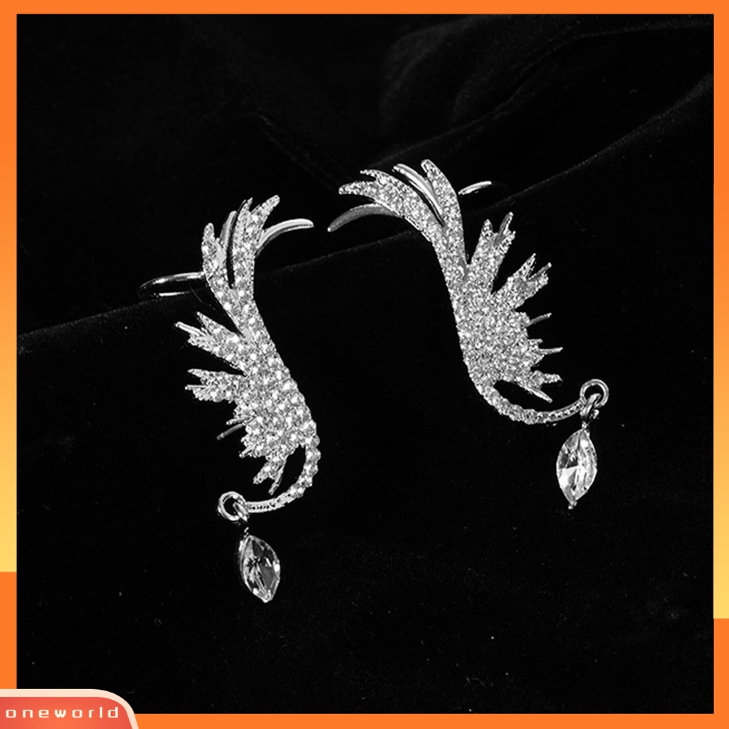 [WOD] 1pasang Mewah Romantis Drop Earrings Alloy Sayap Malaikat Berlian Imitasi Klip Anting Perhiasan Pesta