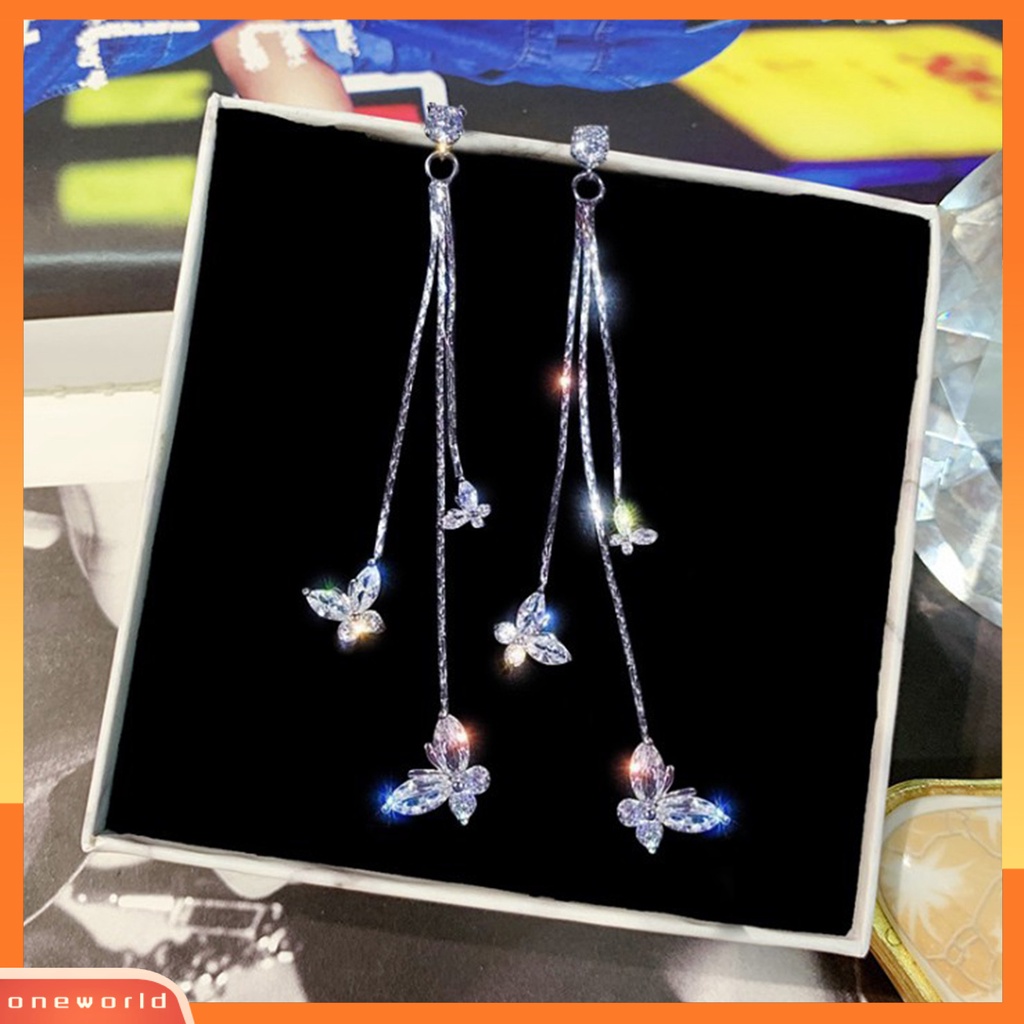 [WOD] 1pasang Drop Earrings Butterfly Rhinestones Perhiasan Berkilau Temperamen Menjuntai Anting Untuk Perjamuan