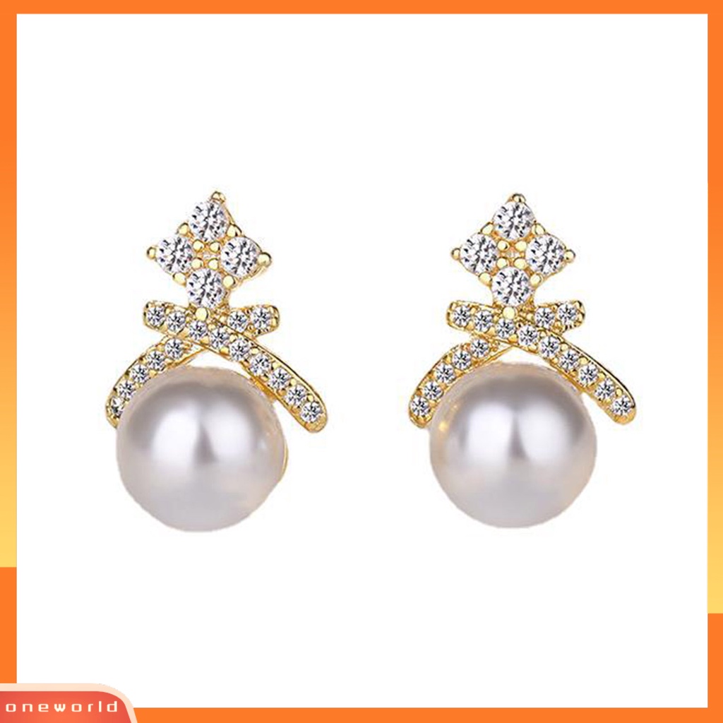 [WOD] 1pasang Ear Studs Hias Zircon Berlian Imitasi Mutiara Imitasi Bentuk Mahkota Electroplated Ear Ornament Tahan Luntur Aesthetic Fashion Pesta Lady Stud Earrings Untuk Pacaran