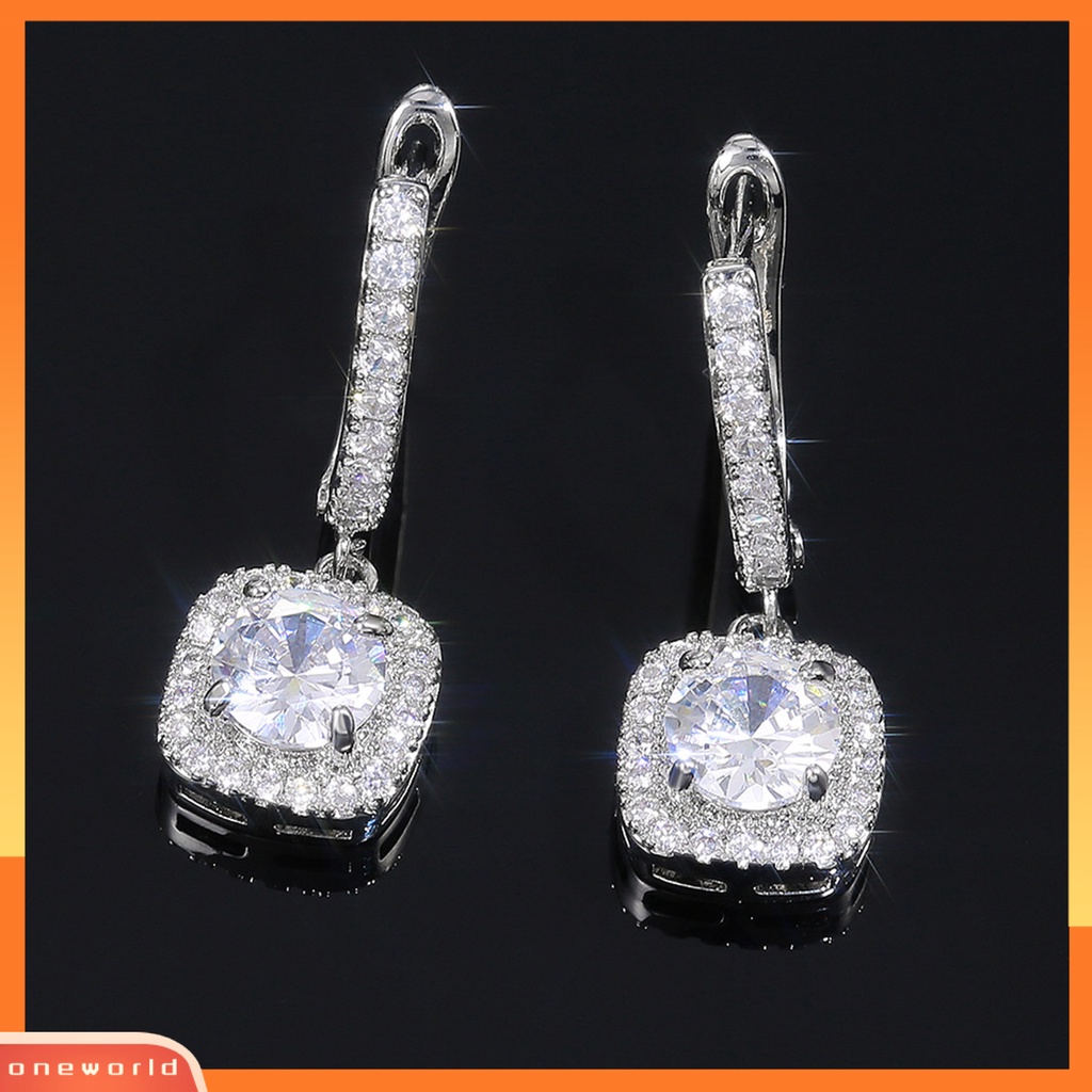 [WOD] 1pasang Anting Gesper Telinga Liontin Persegi Gaya Korea Perhiasan Berkilau Cubic Zirconia Drop Earrings Untuk Pesta