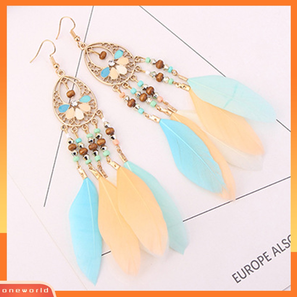 [WOD] Boho Wanita Berongga Manik-Manik Oval Warna-Warni Bulu Rumbai Drop Statement Earrings