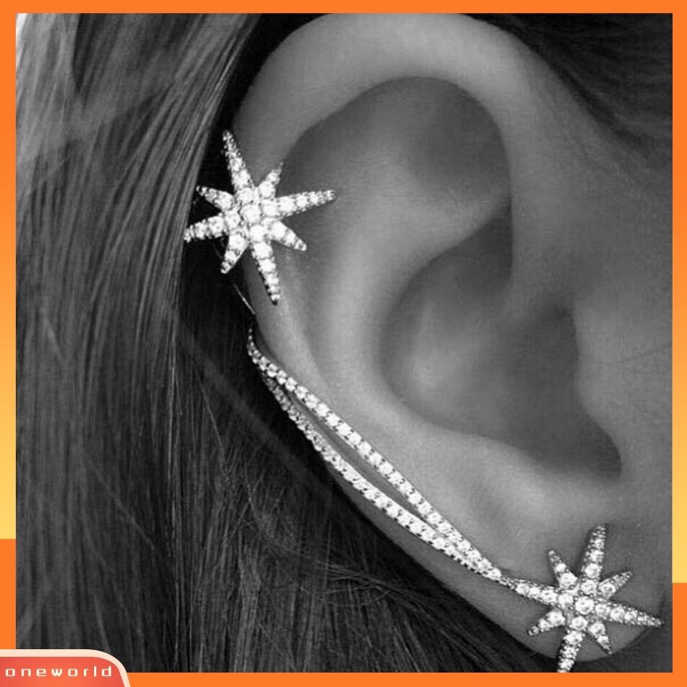 [WOD] Wanita Asimetris Berlian Imitasi Mengkilap Hias Snowflake Ear Cuff Clip Stud Earrings