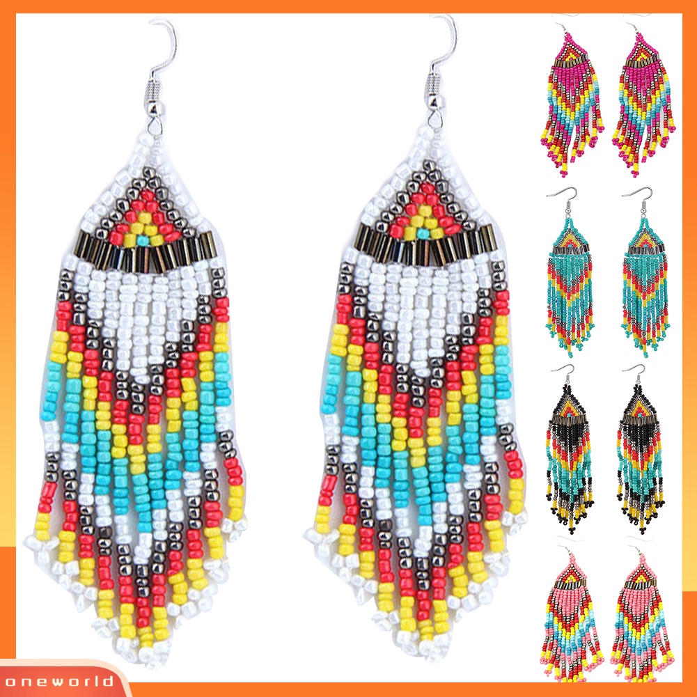 [WOD] Bohemian Wanita Pesta Multicolor Beads Drop Menjuntai Statement Earrings Perhiasan