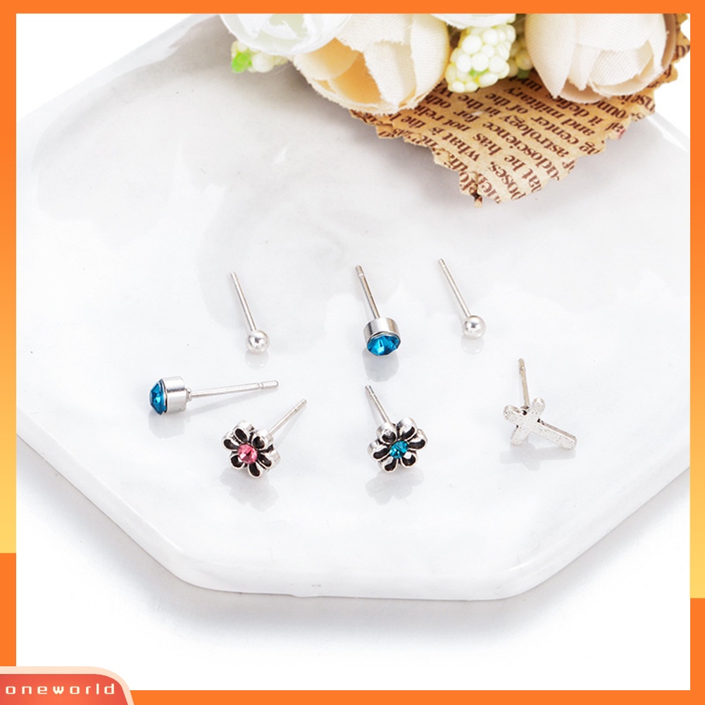 [WOD] 7pcs/set Wanita Anting Bunga Salib Berlian Imitasi Telinga Studs Club Pesta Perhiasan