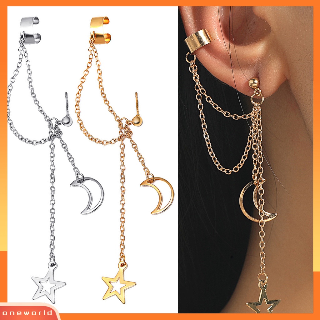 [WOD] 1pc Wanita Klip Anting Warna Solid Stainless Gaya Hip Hop Bentuk Bulan Panjang Rumbai Tulang Rawan Earrings Jewelry