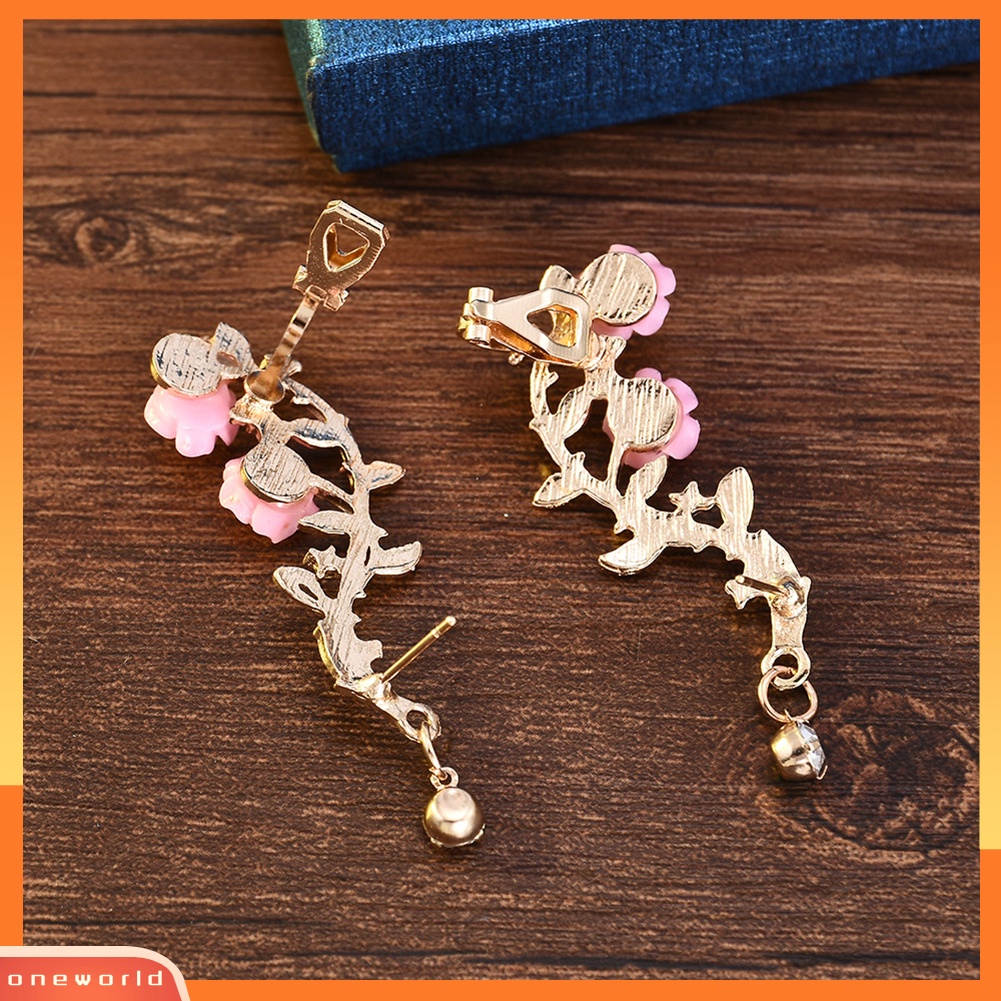 [WOD] Wanita Berlian Imitasi Bertatahkan Bunga Mawar Ear Stud Cuff Clip On Earrings Perhiasan Hadiah
