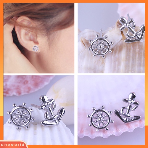 [WOD] Wanita Jangkar Kapal Roda Asimetris Warna Perak Pesta Ear Studs Earrings