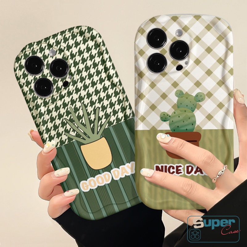 Pola Kisi Casing Ponsel Tepi Bergelombang Melengkung 3D Kompatibel Untuk iPhone 7Plus 11 13 14 12 Pro Max XR 7 8 6 6s Plus X XS Max SE 2020lembut Tpu Segar Pot Kaktus Tanaman Penutup Belakang