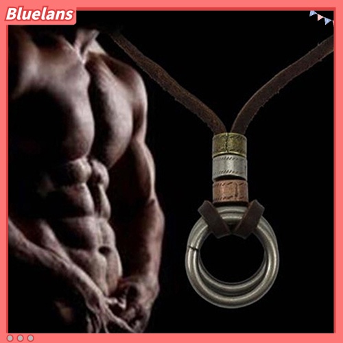 [BLS] Fashion Pria Retro Faux Leather Cord Double Circle Cincin Liontin Kalung Hadiah