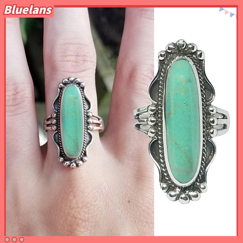 [BLS] Vintage Finger Decor Oblong Turquoise Cincin Wanita Pernikahan Pertunangan Perhiasan