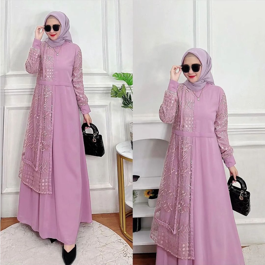 Rebecca Dress Muslim Maxy Wanita Premium l Dress Maxi Mix Brukat OOTD Lebaran l Gamis Pesta