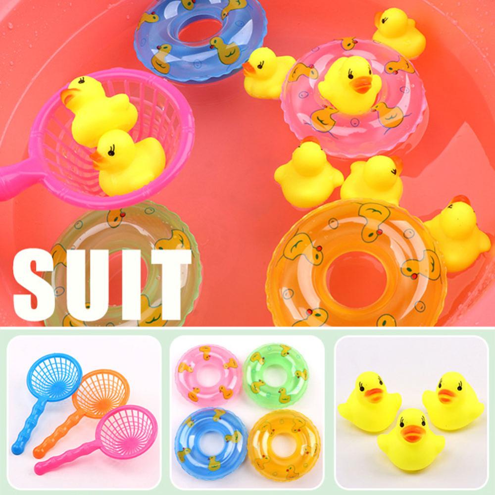 Timekey 5Pcs /set Bayi Bebek Apung Mainan Mandi Mini Renang Cincin Karet Bebek Kuning Jaring Ikan Mandi Renang Balita Mainan H8M2