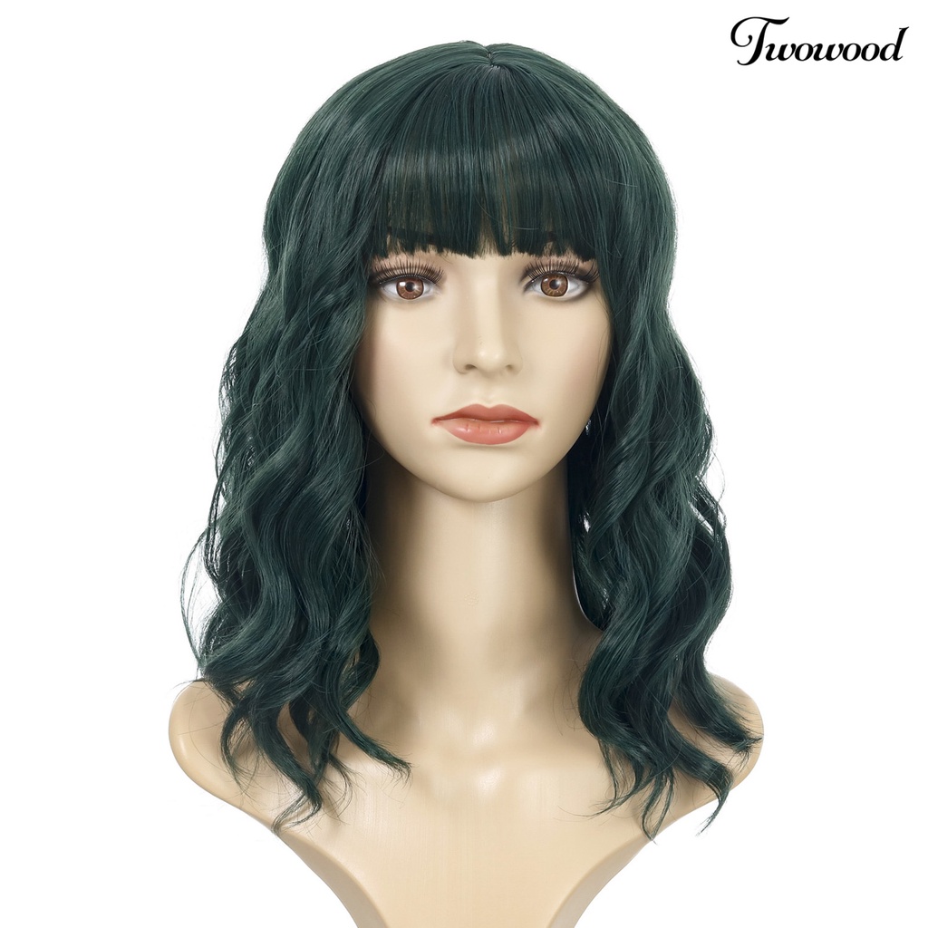 Twowood Wanita Wavy Mid Long Curly Wig Air Bangs Bermain Peran Kostum Pesta Sopak