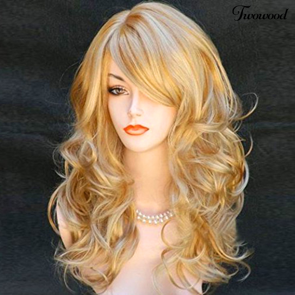 Twowood Wanita Wig Rambut Keriting Panjang Ringan Golden Tahan Panas Wig Alami Untuk Perempuan