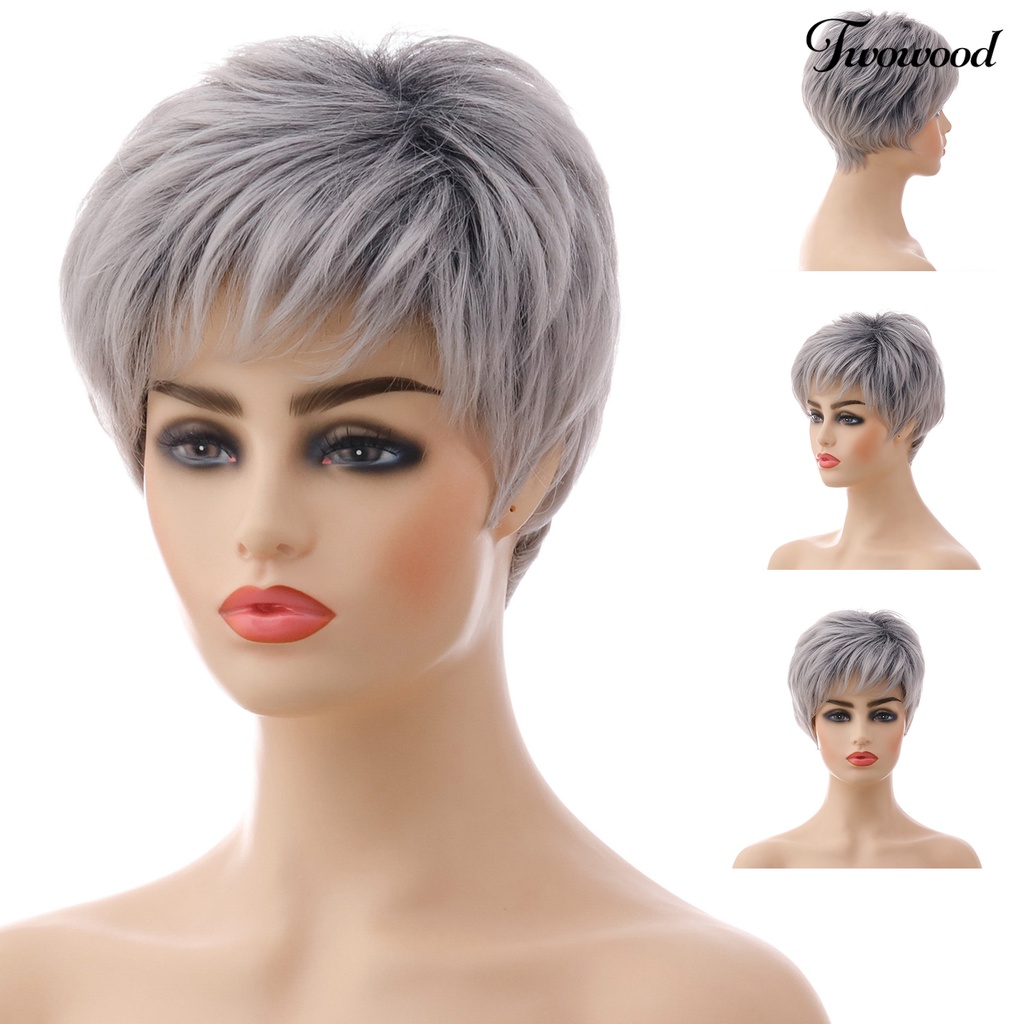 Twowood Wig Berwarna Perak Alami Warna Abu-Abu Berbulu Realistis Trendi Kosmetik Aksesori Suhu Tinggi Sutra Rambut Pendek Wanita Wig Untuk Lady