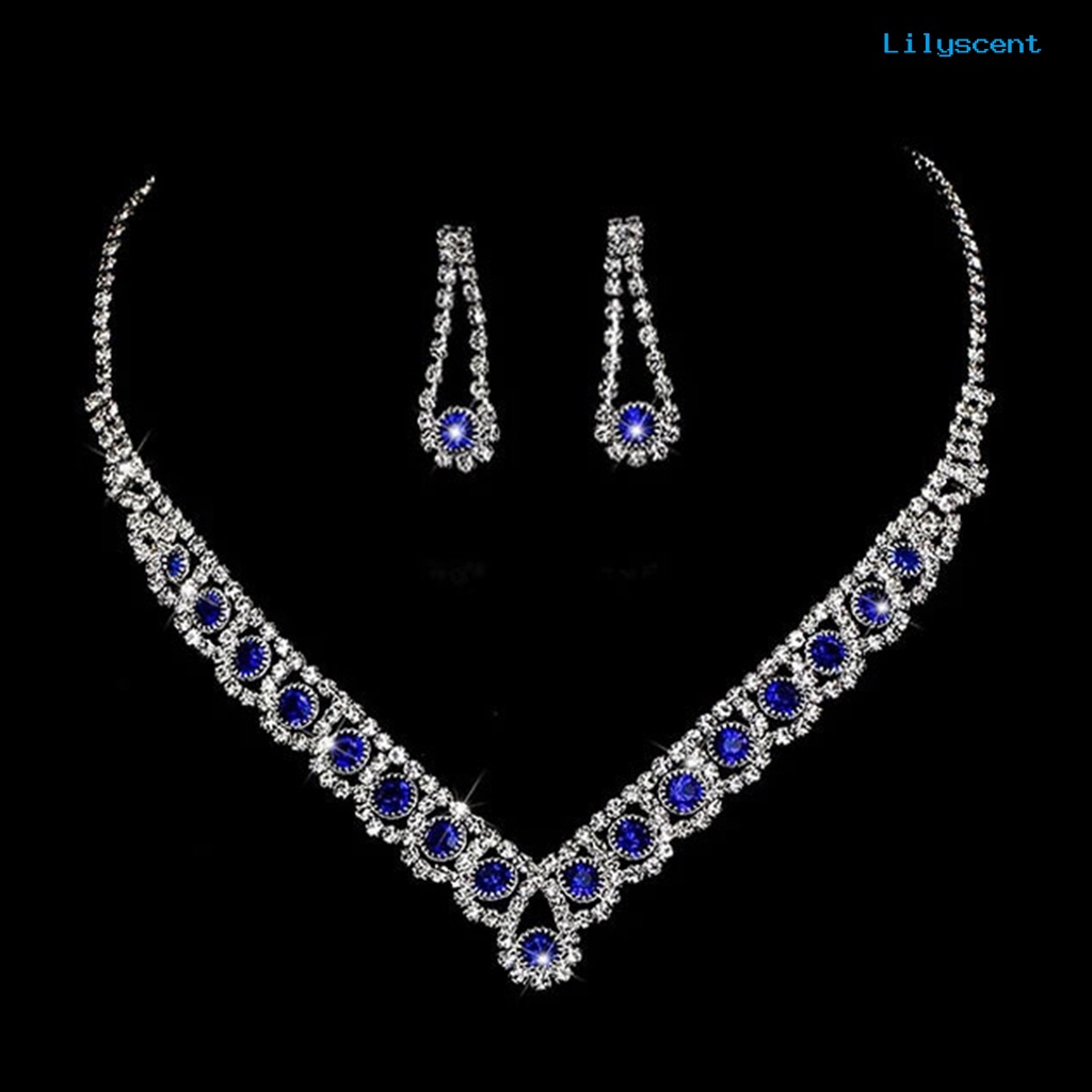 [LS]1 Set Kalung Pengantin Elegan Bling Biru Berlian Imitasi Wanita Kalung Tetesan Air Anting Kit Perhiasan Pernikahan