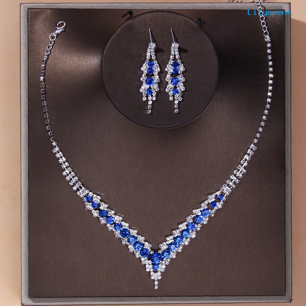 [LS]1 Set Kalung Pengantin Elegan Dainty Temperamen Mulia Berkilau Berwarna Berlian Imitasi Menjuntai Anting Kit Perhiasan Pernikahan