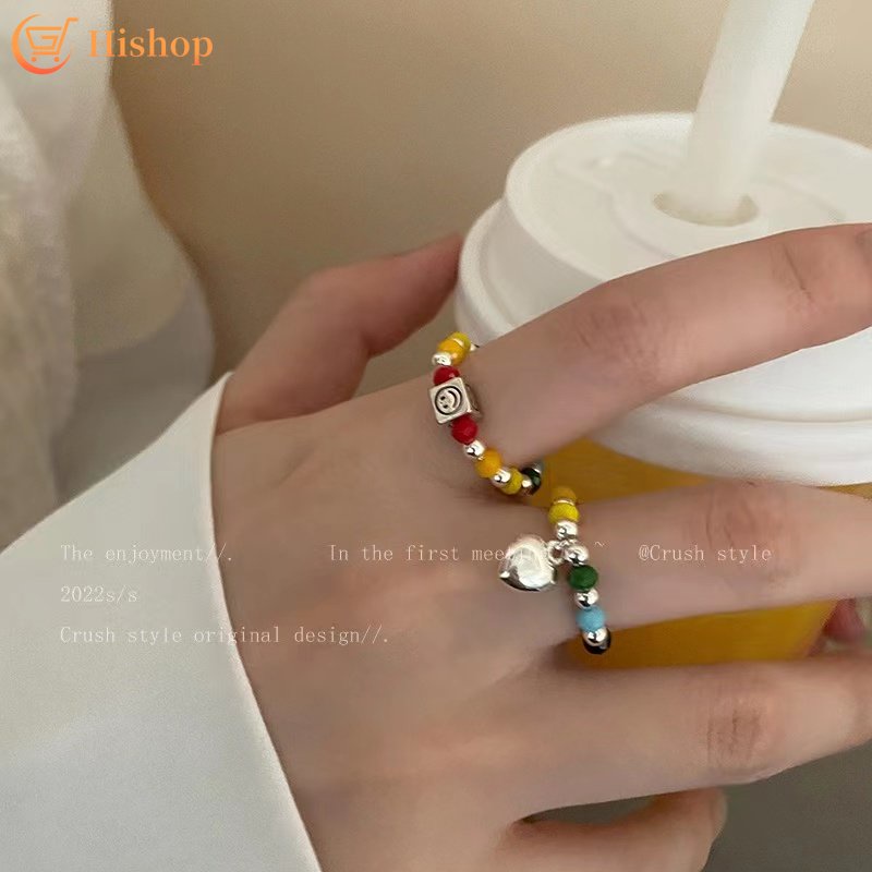 Cincin Perak Untuk Wanita Fashion Blok Hati Elastis Warna-Warni Beads Rings Untuk Aksesoris Sahabat Perhiasan