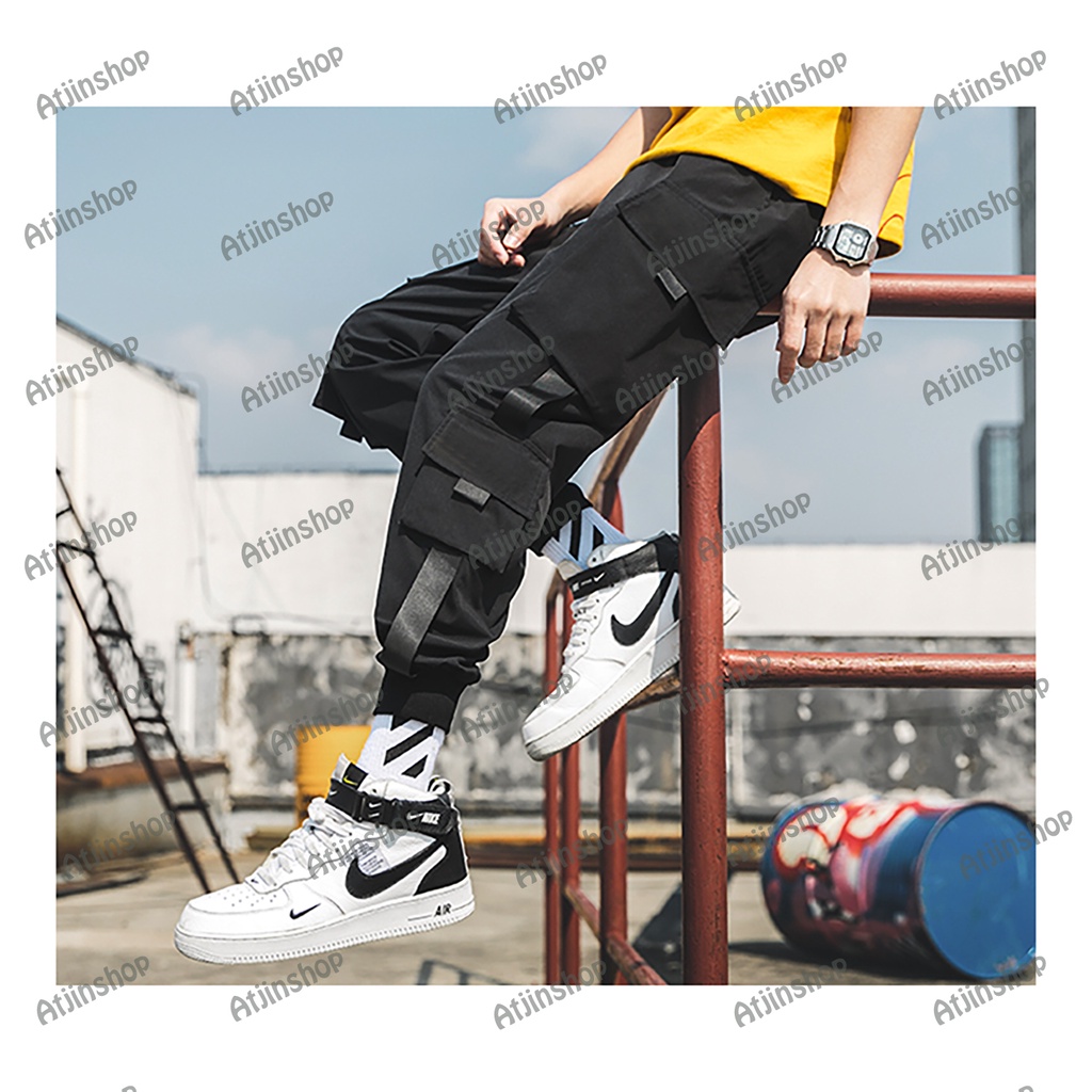 Foratjin- Celana Panjang Joger Jogger Hiphop Style Kargo Katun Stretch Lembut [ Hitam-Hijau-Krem]